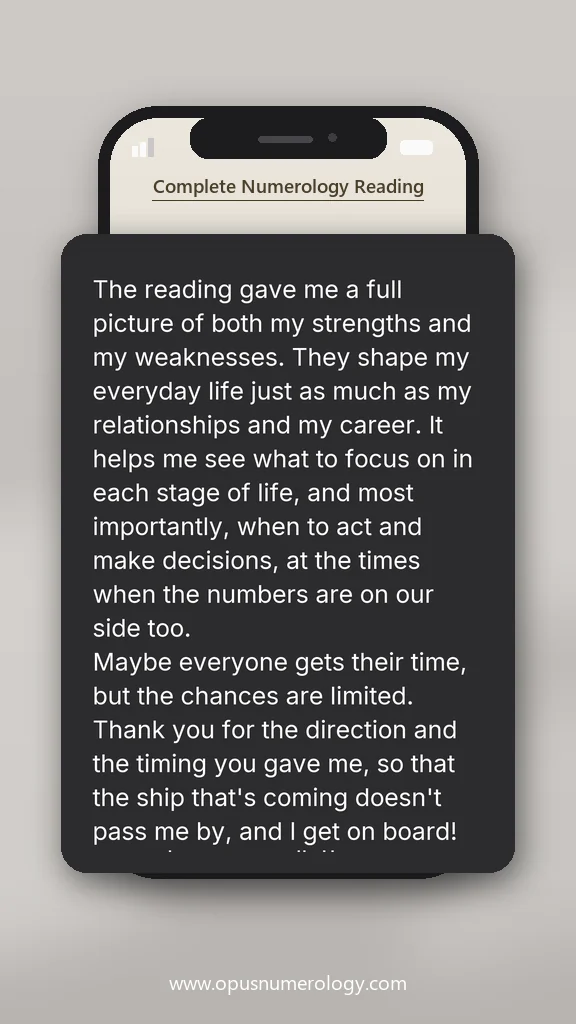 Client review of an Opus numerology reading (message screenshot) – 3 / 38
