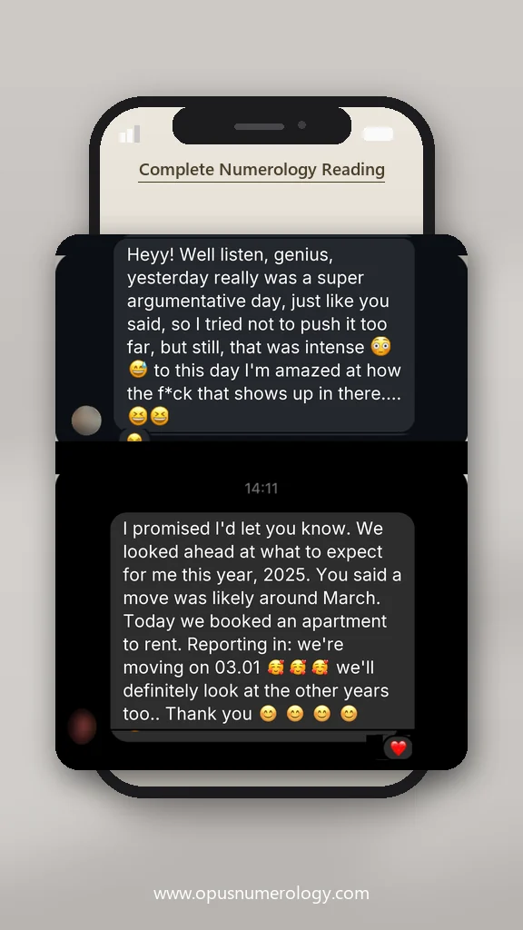 Client review of an Opus numerology reading (message screenshot) – 34 / 38